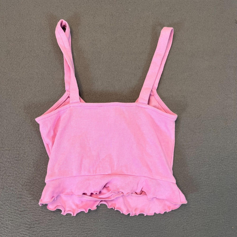 Abound Solid Pink Womens XS Tie Detail Crop Tank Top Cinched Ruffle Hem Ribbed - Picture 8 of 8